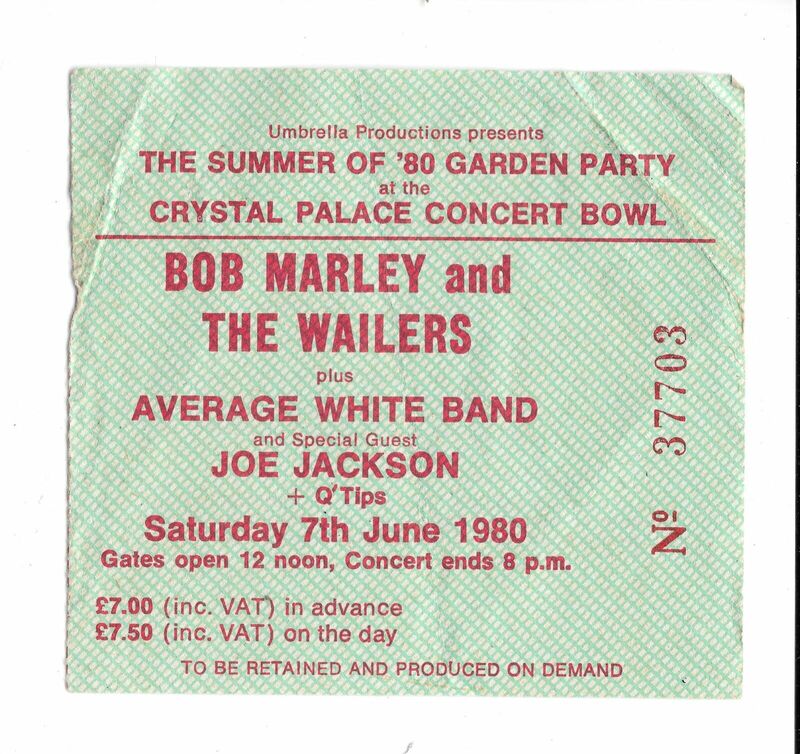 A real ticket stub from Bob Marley and The Wailers at Crystal Palace Bowl, London, Saturday 7th June 1980