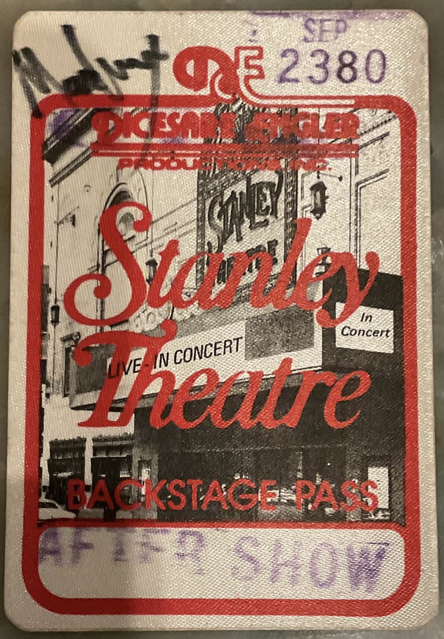 A real backstage pass from the Stanley Theatre, hand-stamped SEP 23 '80 — the night of Bob Marley's final concert