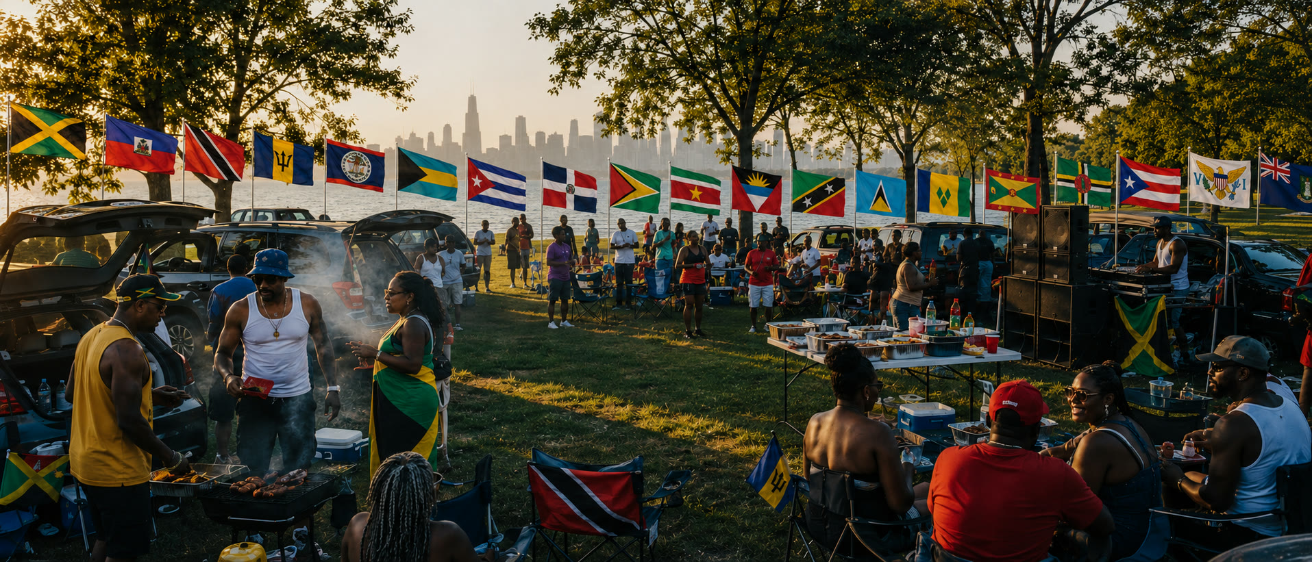 Chicago Vybez — Caribbean flags flying over a Labor Day Weekend cookout with the Chicago skyline behind